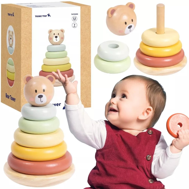 TOOKY ŽAISLAS Medinė jutiminė dėlionė Piramidė Sensorinė meškiukas Spalvingas kaminas