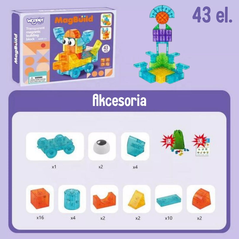 WOOPIE Skaidrūs magnetiniai statybiniai blokai 43 vnt.