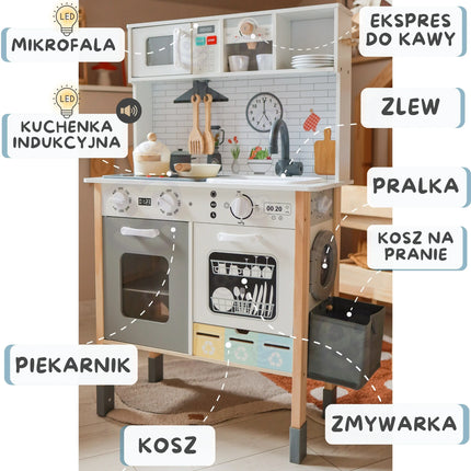 WOOPIE GREEN 9-in-1 medinė interaktyvi virtuvė su skalbimo mašina ir balta lenta
