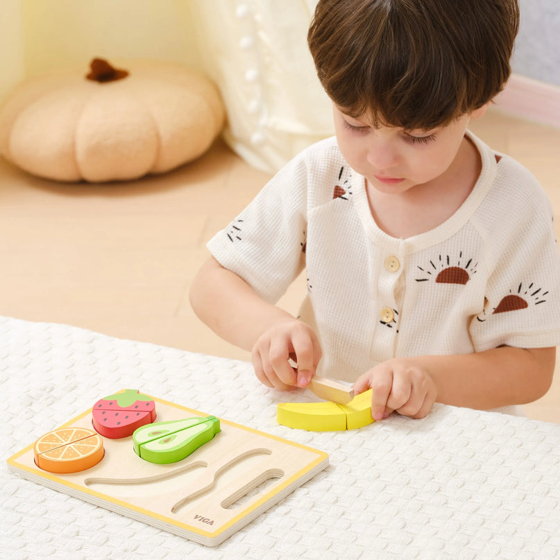 VIGA medinė Montessori edukacinė dėlionė „Pjaustomi vaisiai“