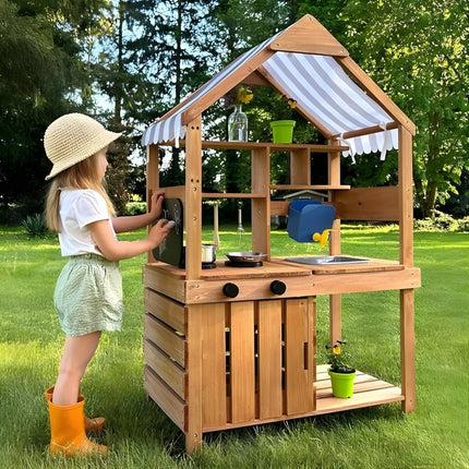 WOOPIE GREEN medinė sodo virtuvė su stogeliu, kriaukle ir čiaupu