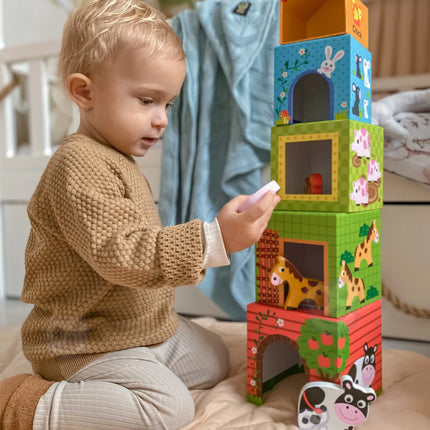 WOOPIE GREEN „Ūkis dėžutėse“ kubų dėlionė + figūrėlės