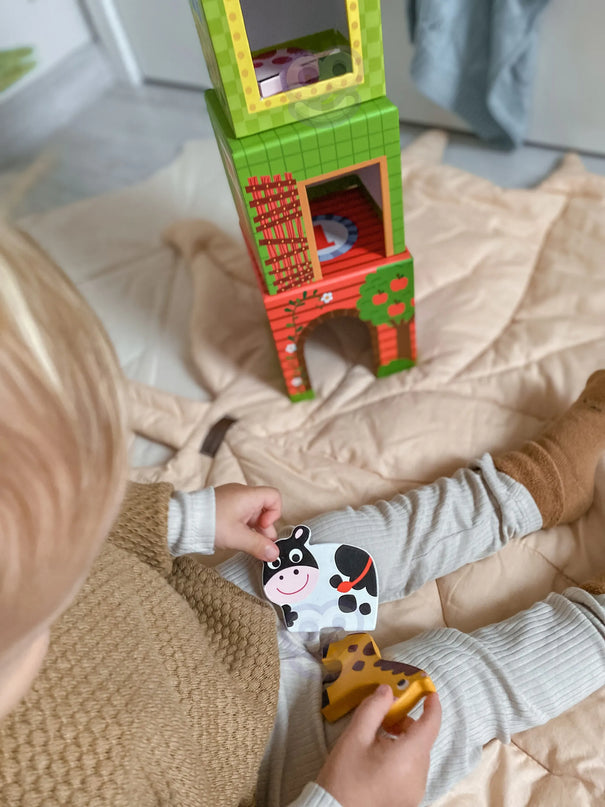 WOOPIE GREEN „Ūkis dėžutėse“ kubų dėlionė + figūrėlės
