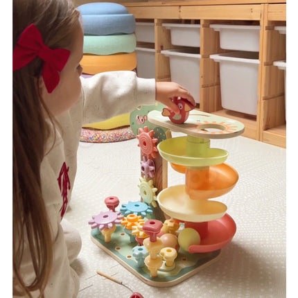 WOOPIE GREEN Montessori 4-in-1 medinis veiklos medis su kamuoliukų trasa