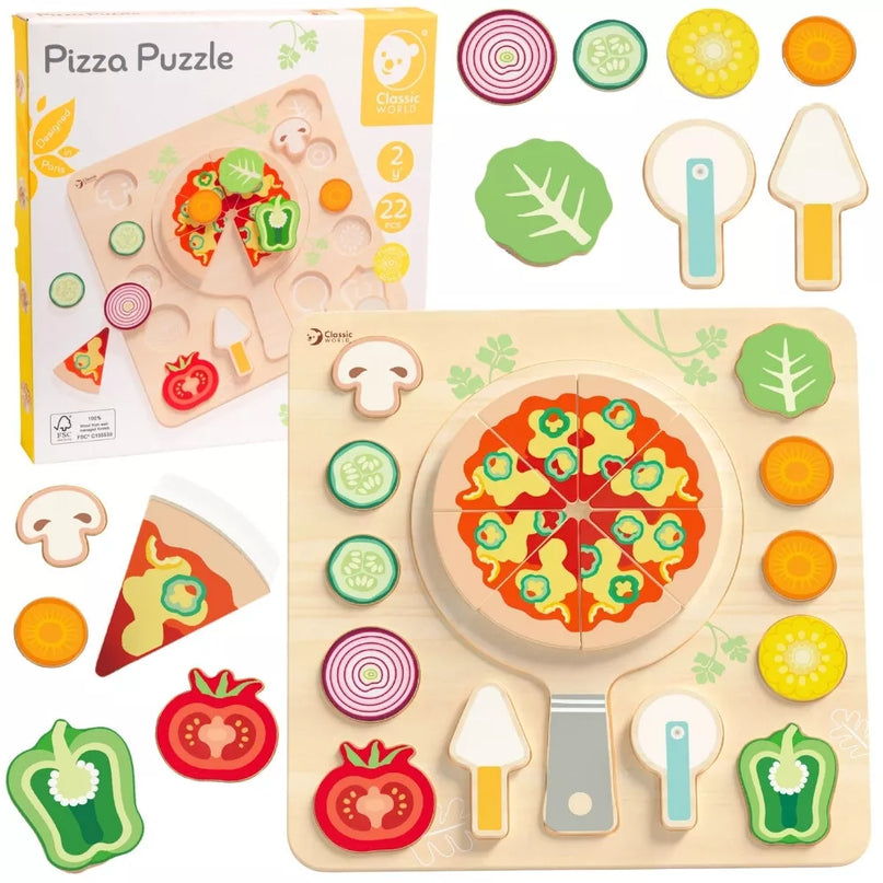 Medinė dėlionė „Pizza Puzzle Board“ su ingredientais (22 vnt.)