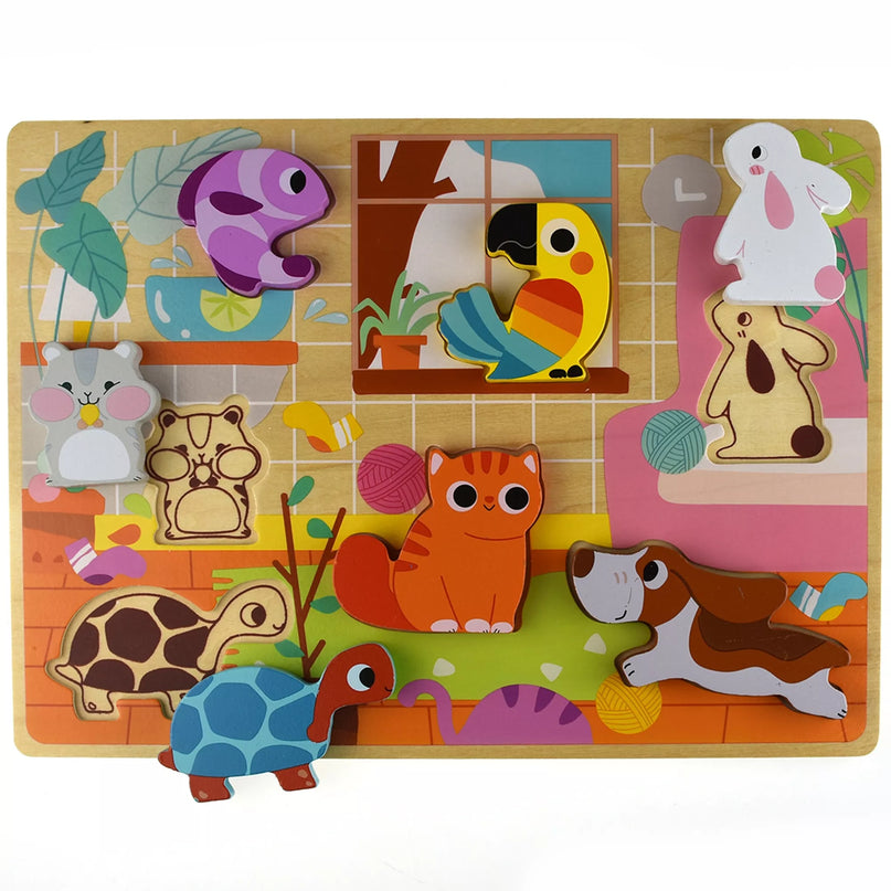 TOOKY TOY medinis Montessori dėlionės gyvūnams, namams, atitinkančioms formas