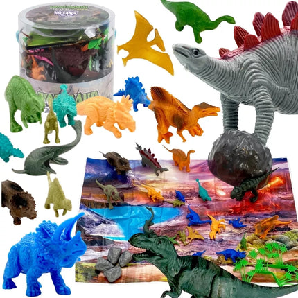 WOOPIE rinkinys dinozaurų figūrėlės dideli gyvūnai kilimėlis konteineris XXL 34 vnt.