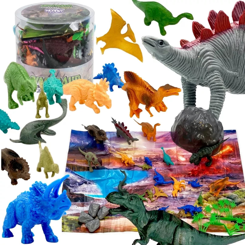 WOOPIE rinkinys dinozaurų figūrėlės dideli gyvūnai kilimėlis konteineris XXL 34 vnt.