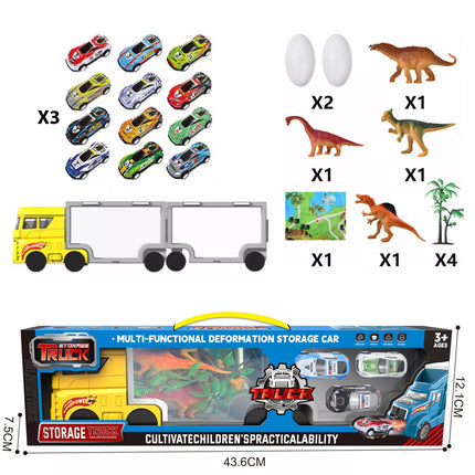 Woopie dinozaurų transporterio sunkvežimis 2in1 su figurėlėmis, automobiliais ir žaidimų kilimėliu