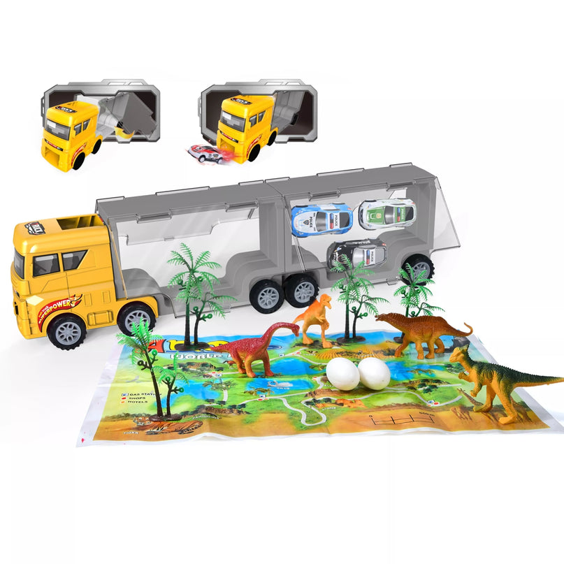 Woopie dinozaurų transporterio sunkvežimis 2in1 su figurėlėmis, automobiliais ir žaidimų kilimėliu