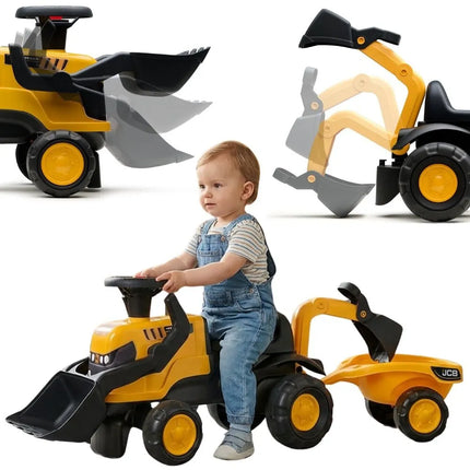 FALK JCB Eco Design pasivažinėjimo traktoriukas su priekaba ir smėlio įrankiais