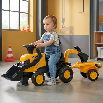 FALK JCB Eco Design pasivažinėjimo traktoriukas su priekaba ir smėlio įrankiais