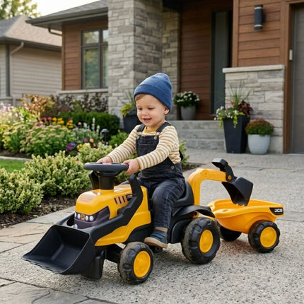 FALK JCB Eco Design pasivažinėjimo traktoriukas su priekaba ir smėlio įrankiais