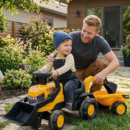 FALK JCB Eco Design pasivažinėjimo traktoriukas su priekaba ir smėlio įrankiais