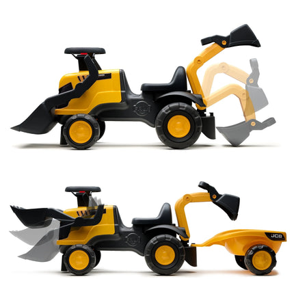 FALK JCB Eco Design pasivažinėjimo traktoriukas su priekaba ir smėlio įrankiais