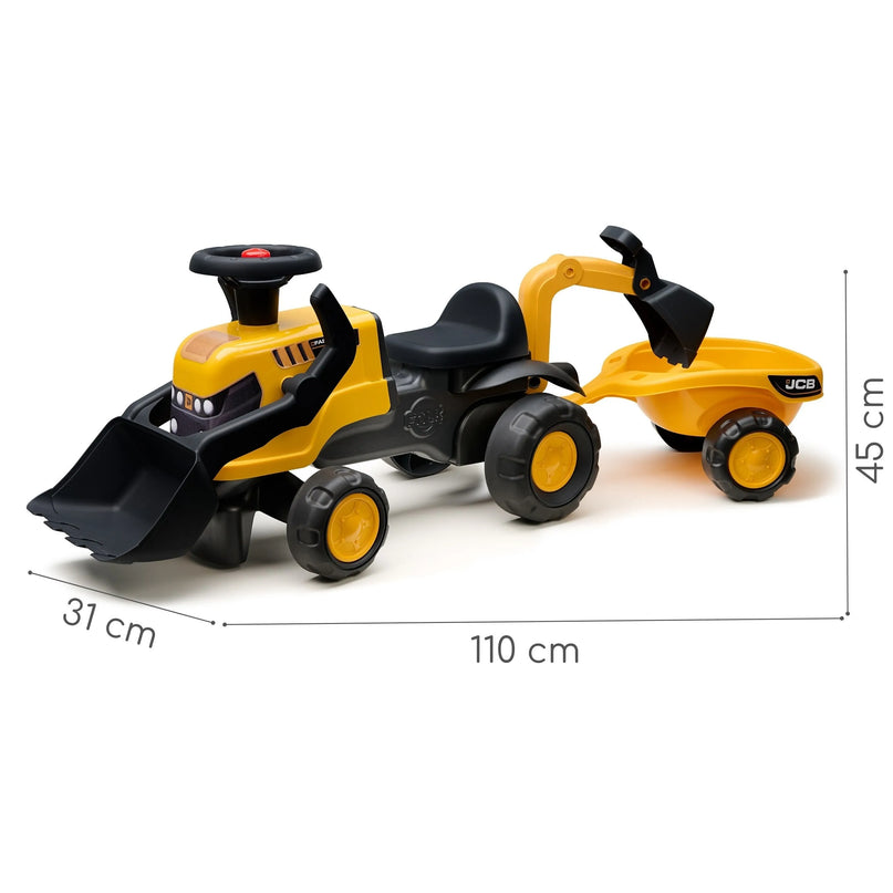 FALK važiuojamas „JCB“ traktorius su priekaba, grėbliu ir kastuvu