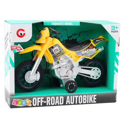 Geltonas bekelės žaislinis motociklas su šviesomis