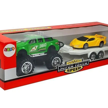Geltonų sportinių automobilių ir žalio visureigio rinkinys