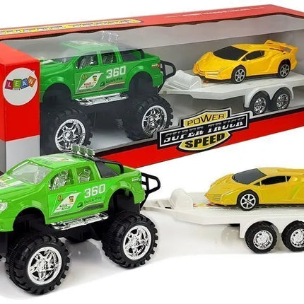 Geltonų sportinių automobilių ir žalio visureigio rinkinys