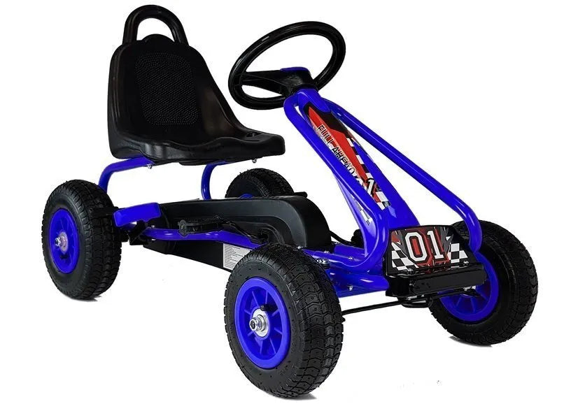 Gokartas G201 – pedalinis, mėlynas, su rankiniu stabdžiu ir guminiais ratais