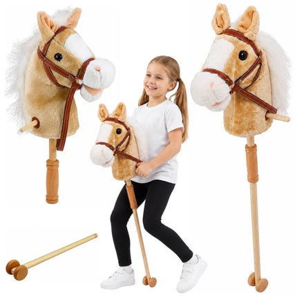 Hobby Horse – smėlio spalvos arkliukas ant lazdos, 100 cm, su garsais ir ratukais