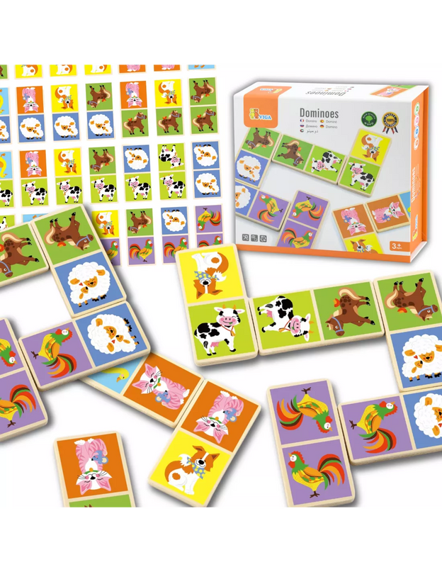 VIGA edukaciniai mediniai domino blokeliai „Farma“ – 28 detalės, Montessori