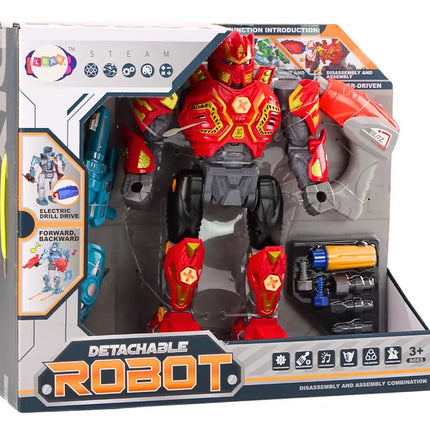 Išardomas raudonas robotas su grąžtu, atsuktuvu, šviesomis ir garsais