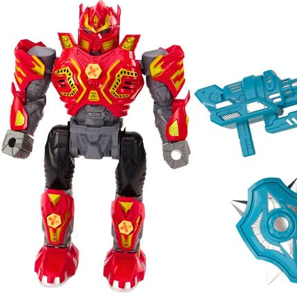 Išardomas raudonas robotas su grąžtu, atsuktuvu, šviesomis ir garsais