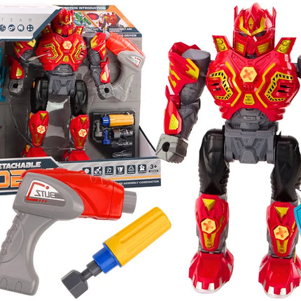 Išardomas raudonas robotas su grąžtu, atsuktuvu, šviesomis ir garsais