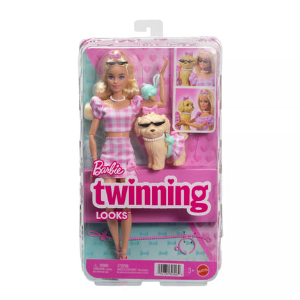 BARBIE TWINNING LOOKS šviesiaplaukės lėlės ir šunelio rinkinys (JFP36)