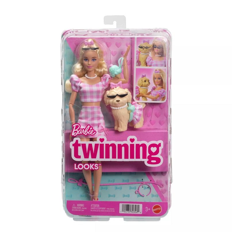 BARBIE TWINNING LOOKS šviesiaplaukės lėlės ir šunelio rinkinys (JFP36)