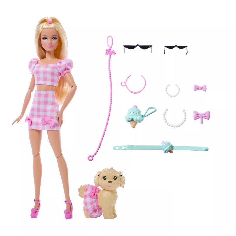 BARBIE TWINNING LOOKS šviesiaplaukės lėlės ir šunelio rinkinys (JFP36)