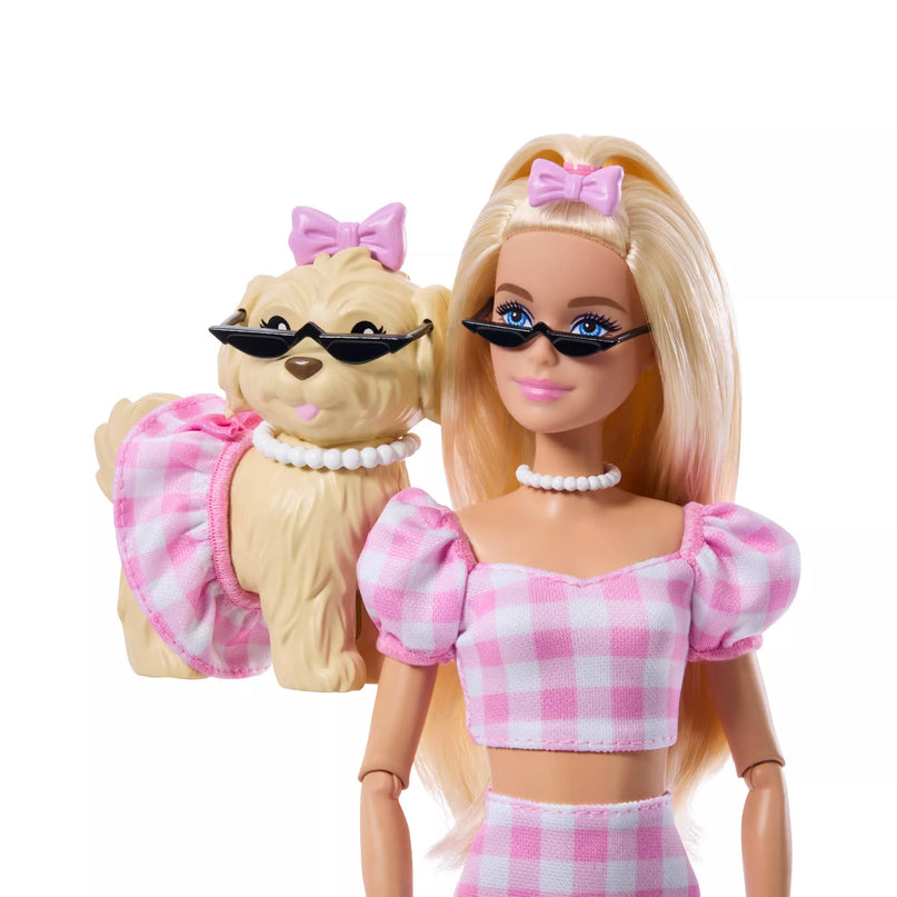 BARBIE TWINNING LOOKS šviesiaplaukės lėlės ir šunelio rinkinys (JFP36)