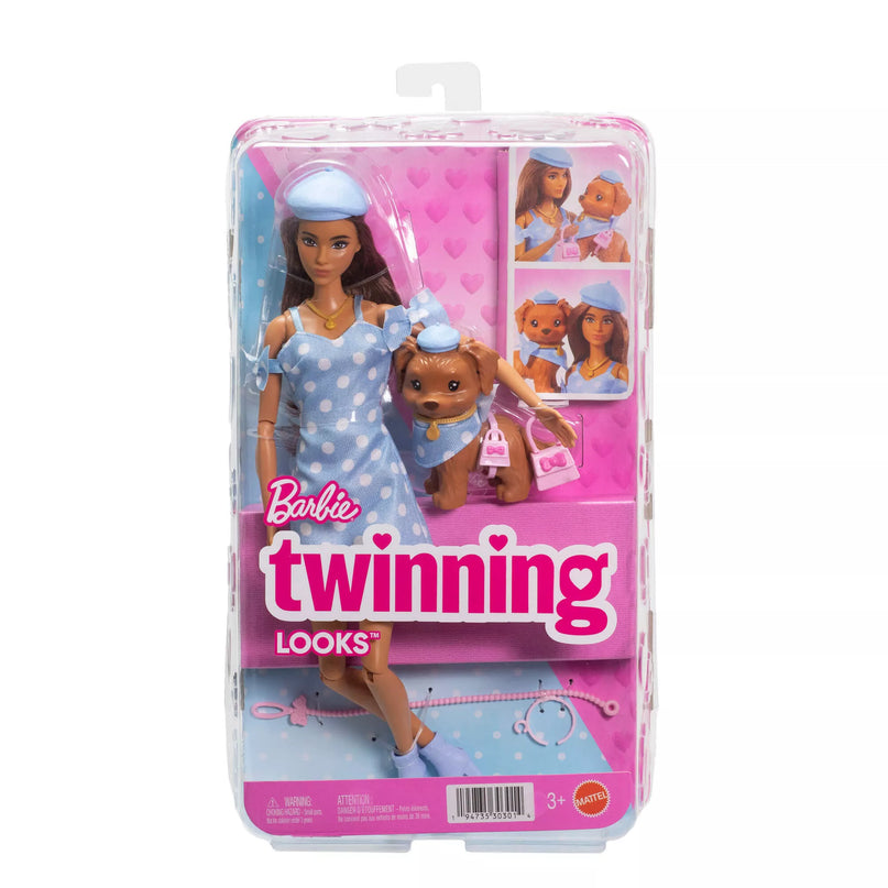 BARBIE TWINNING LOOKS tamsiaplaukės lėlės ir šunelio rinkinys (JFP38)