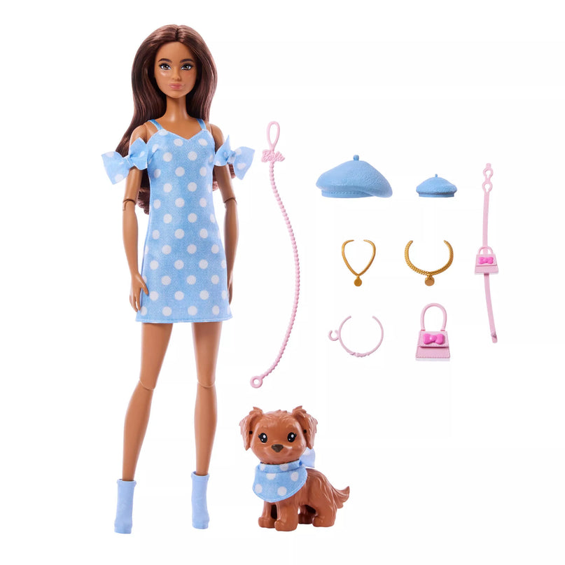 BARBIE TWINNING LOOKS tamsiaplaukės lėlės ir šunelio rinkinys (JFP38)