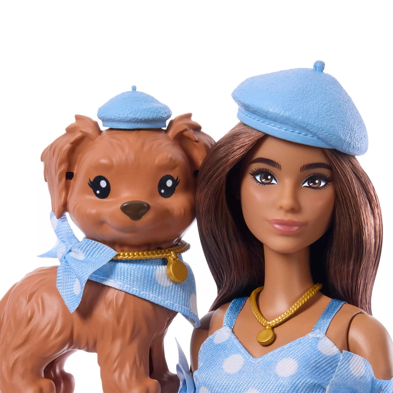 BARBIE TWINNING LOOKS tamsiaplaukės lėlės ir šunelio rinkinys (JFP38)