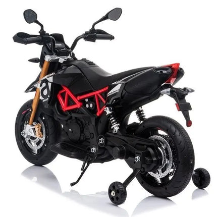 Juodas elektrinis motociklas Aprilia vaikams