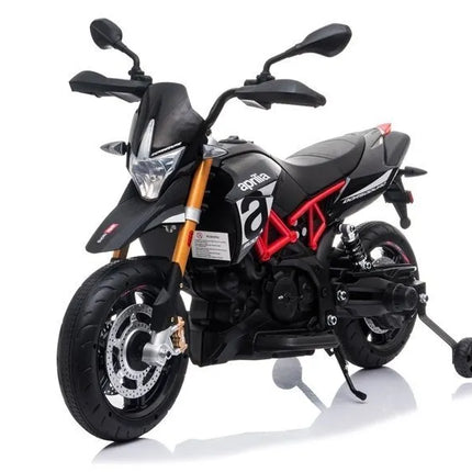 Juodas elektrinis motociklas Aprilia vaikams