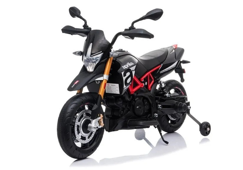 Juodas elektrinis motociklas Aprilia vaikams