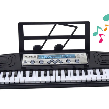 Juodas vaikiškas elektrinis pianinas su 37 klavišais, mikrofonu ir stovu