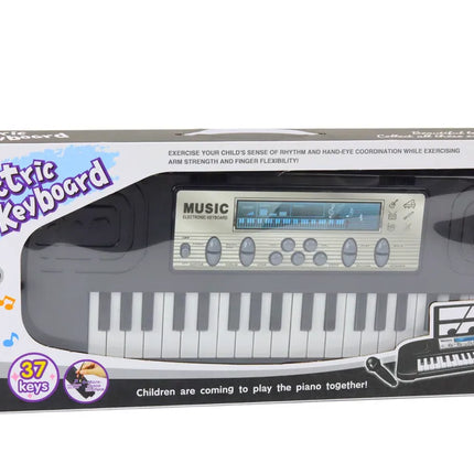 Juodas vaikiškas elektrinis pianinas su 37 klavišais, mikrofonu ir stovu