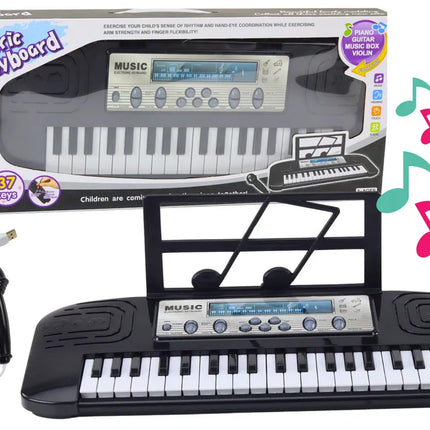 Juodas vaikiškas elektrinis pianinas su 37 klavišais, mikrofonu ir stovu