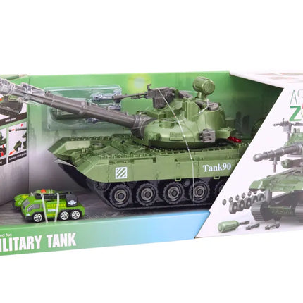 Karinis tanko rinkinys – išardomas DIY tankas su garsais, šviesomis, pakaba ir mini transportu