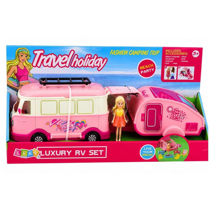 Kelioninis lėlių namelio rinkinys su kemperiu, priekaba ir baldais, rožinis