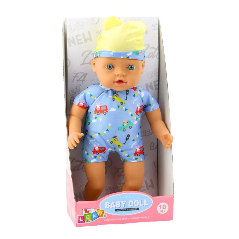 Kūdikio lėlė mėlynais drabužiais 31 cm