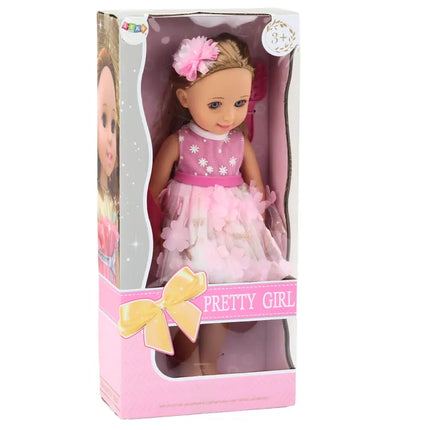 Lėlė su rožine suknele, ilgais plaukais, segtuku ir šukomis – 38 cm