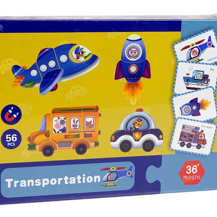 Magnetinė dėlionė knygoje „Transportas“ – 56 detalės, su kortelėmis ir rašikliu