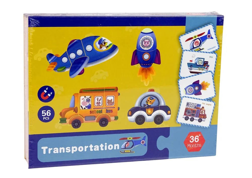 Magnetinė dėlionė knygoje „Transportas“ – 56 detalės, su kortelėmis ir rašikliu