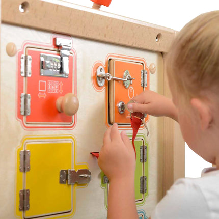 Masterkidz medinė edukacinė lenta „Užraktų atidarymas ir uždarymas“