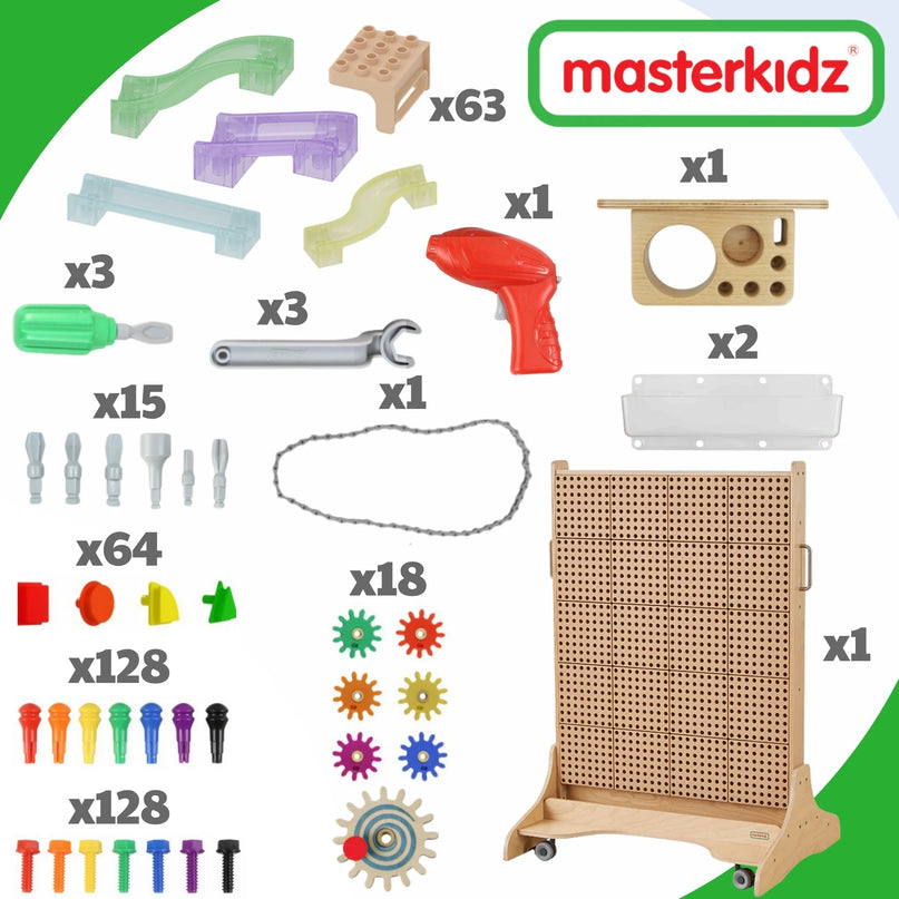 Masterkidz mobilioji manipuliacinė STEM lenta su įrankiais ir 400+ detalių rinkiniu